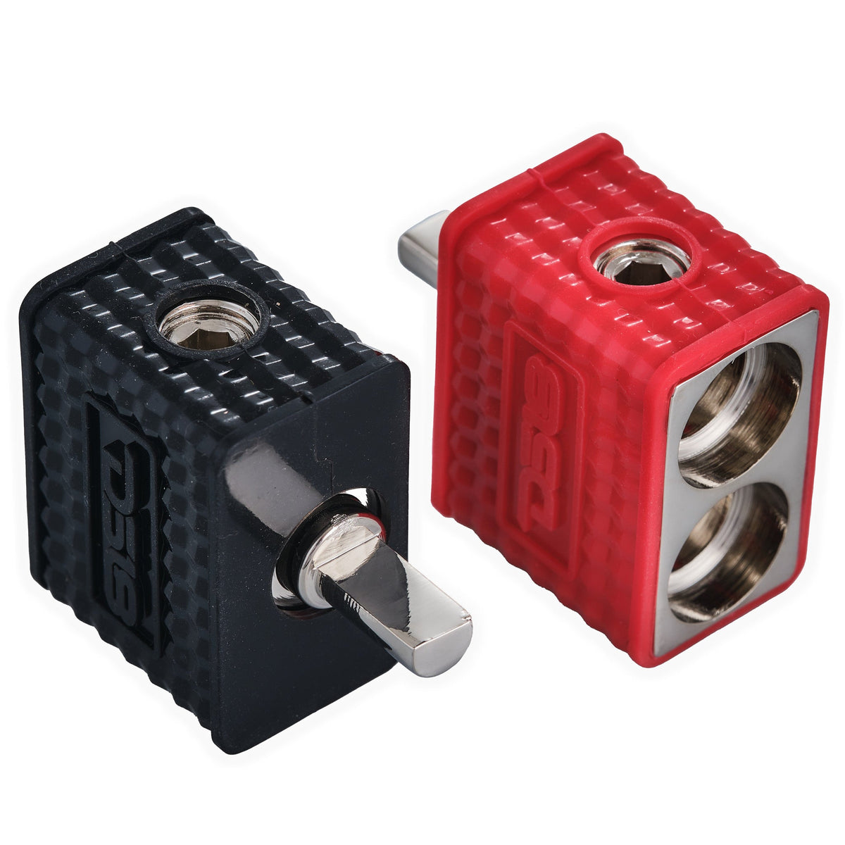 Dual 1/0-GA to 1/4-GA Amp Input Reducers with Offset Stub and Silicone Cover - BLACK/RED - Sold by Audio Sellerz