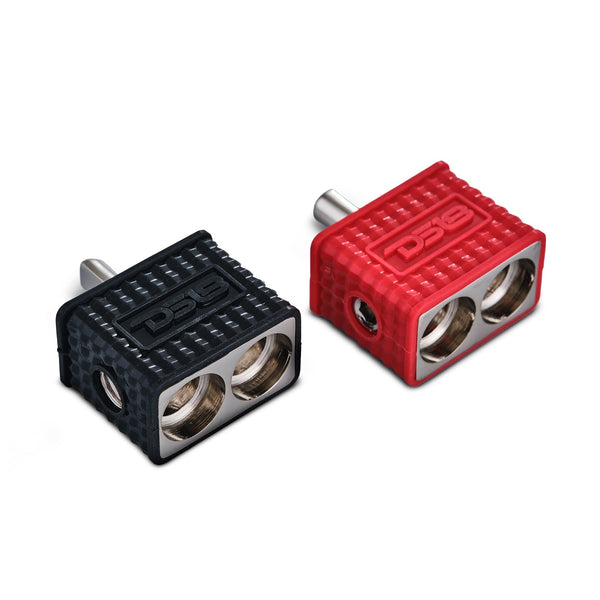 Dual 1/0-GA to 1/4-GA Amp Input Reducers with Offset Stub and Silicone Cover - BLACK/RED - Sold by Audio Sellerz