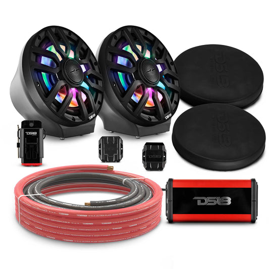8" Loaded Flat Mount Speaker Pods with Amplifier, Installation Kit and Digital LED Lights, Package for Can-Am Spyder & Ryker.