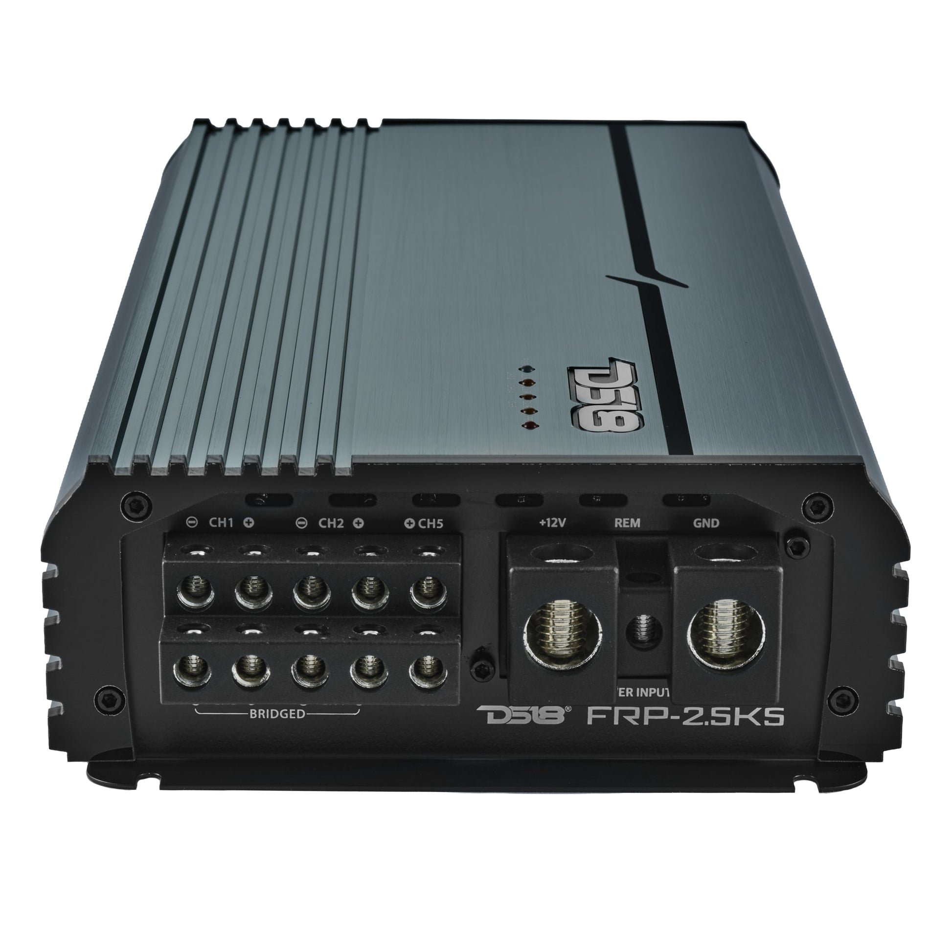 FRP Compact Full-Range Class D 5-Channel Amplifier – 250W x 4 + 1,200W Subwoofer Output.