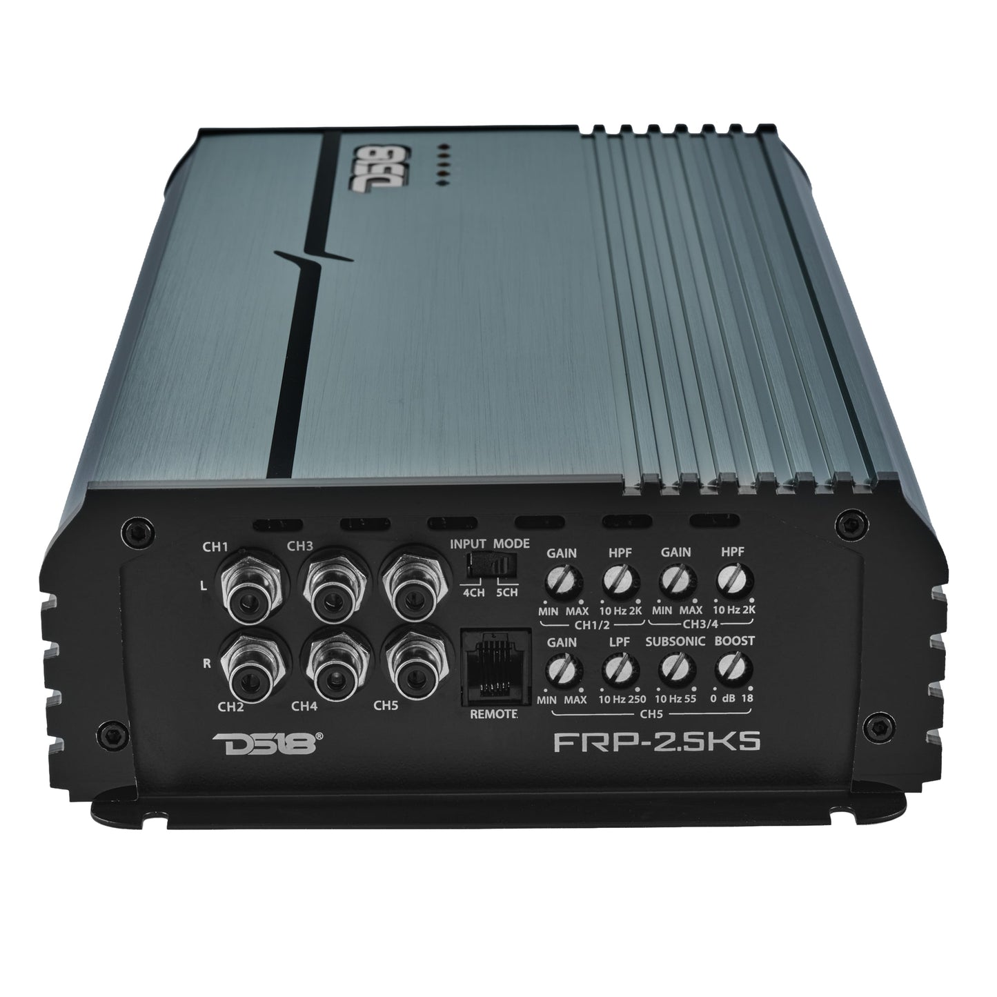 FRP Compact Full-Range Class D 5-Channel Amplifier – 250W x 4 + 1,200W Subwoofer Output.