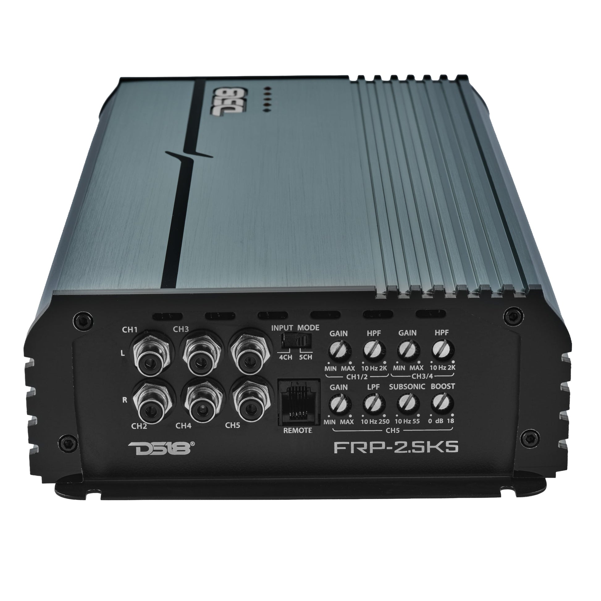 FRP Compact Full-Range Class D 5-Channel Amplifier – 250W x 4 + 1,200W Subwoofer Output.