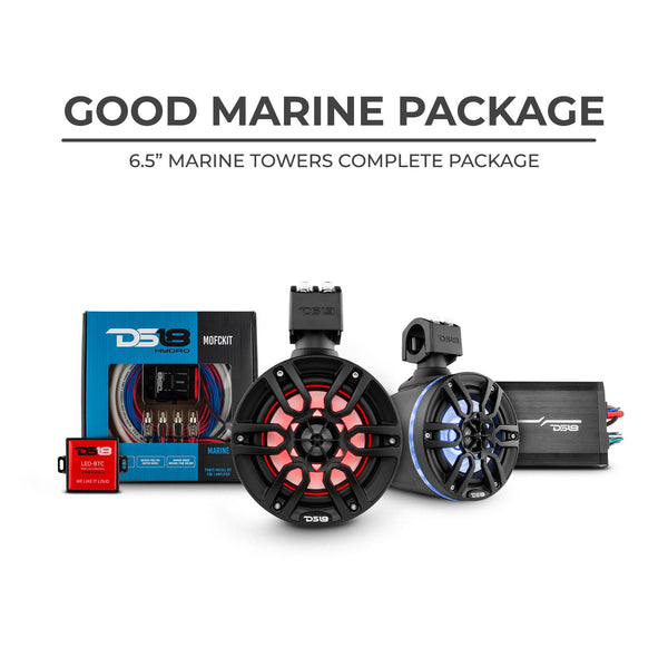 DS18 Good Marine Stereo Package  2 x 6.5” Speaker Tower| 1 x 2 Ch Amplifier | 1 x MOFCKIT4 and 1 x LED-BTC.