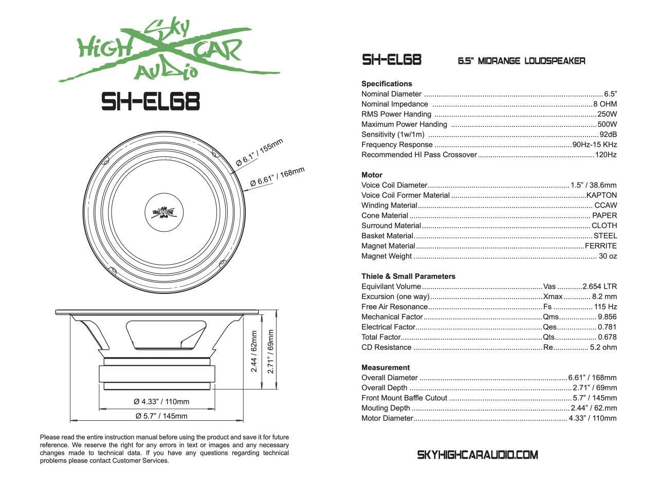 SHCA Pro Audio EL68 6.5" Midrange Midbass Loudspeaker-250 Watts 8 ohm (Single) - Audio Sellerz