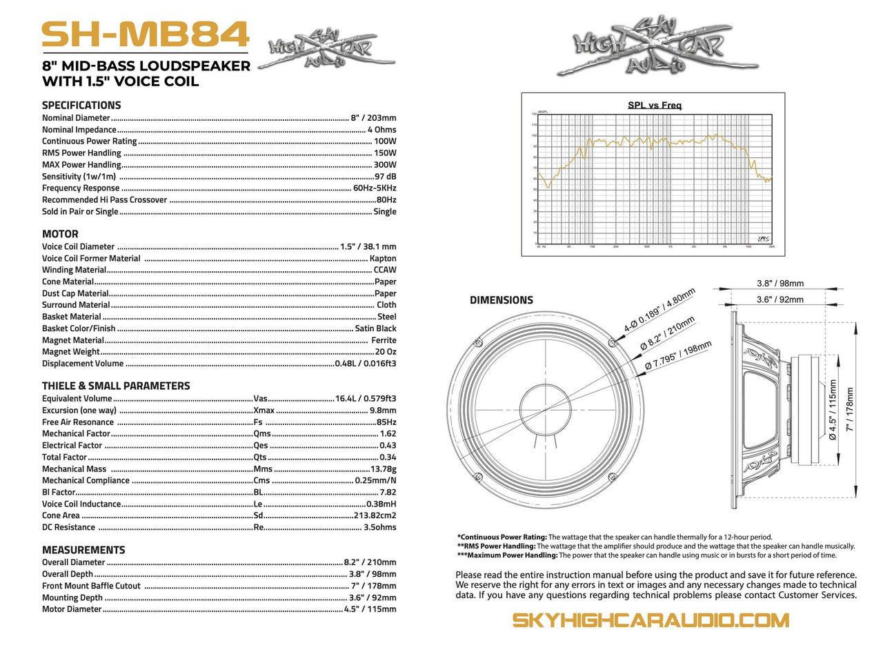 SHCA Pro Audio MB84 8" Mid-Bass Loudspeaker with 1.5" Voice Coil (Single) - Audio Sellerz