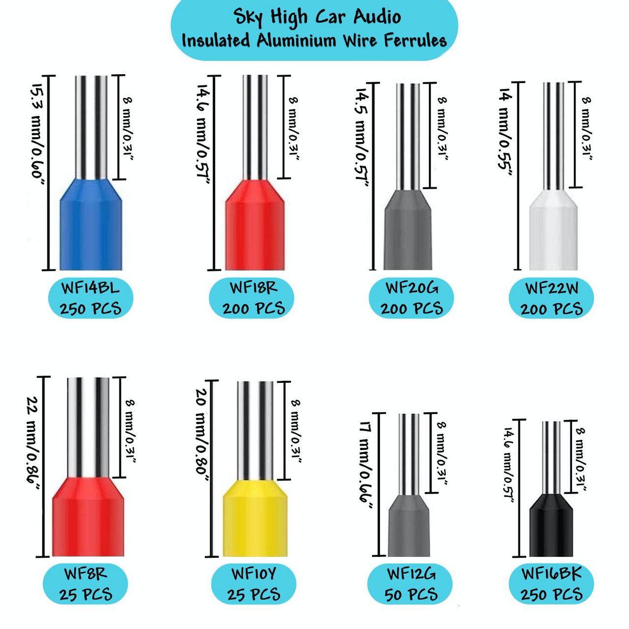 Sky High Car Audio Insulated Aluminum Wire Ferrules (8 Gauge - 22 Gauge) - Audio Sellerz