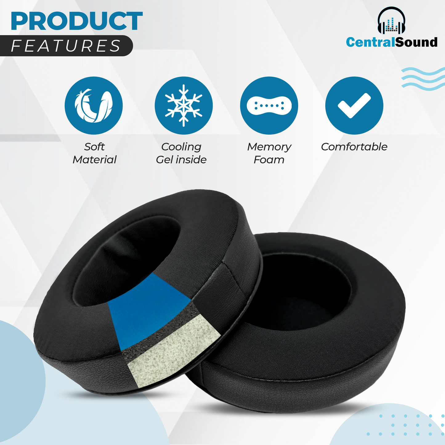 CentralSound Cooling Gel + Memory Foam Premium Replacement Ear Pad Cushions Universal Round - product image 3 - Audio Sellerz