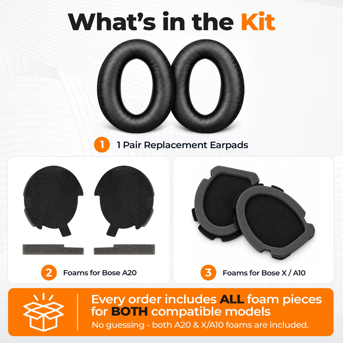 CentralSound Replacement Ear Cushions for Bose A20 and Aviation Headset X (A10), 8-Piece Kit with Foam Sets