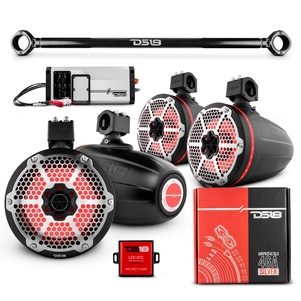 JK-TUBE 4x 8" Marine Towers Speakers with RGB LED Lights, 4-Channel Marine Amplifier and AMPKIT for Jeep JK/JKU.