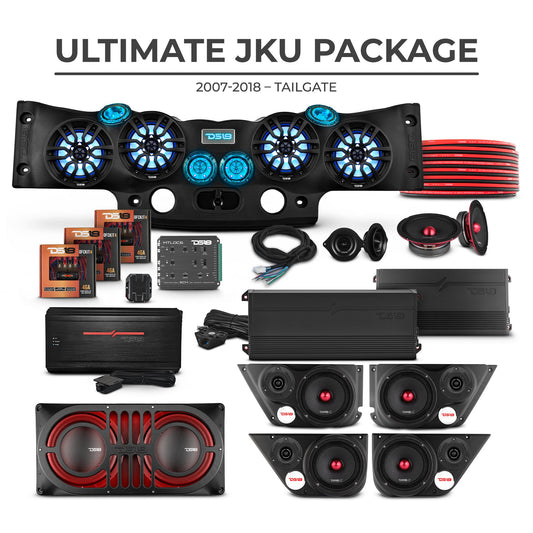 Jeep JKU 2007-2018 Ultimate Package – Loaded Sound Bar, Door Panels, Tailgate Subwoofers & Amplifiers.