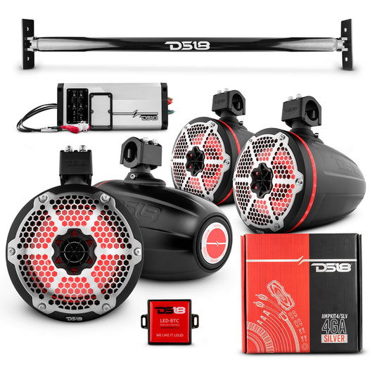 JL-TUBE 4x 8" Marine Towers Speakers with RGB LED Lights, 4-Channel Marine Amplifier and AMPKIT for Jeep JL.