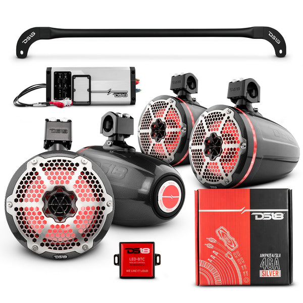 JL-TUBESOFT 4x 8" Marine Towers Speakers with RGB LED Lights, 4-Channel Marine Amplifier and AMPKIT for JLU Soft Top.