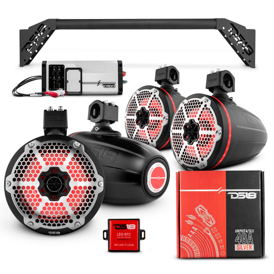 JL-TUBEUP 4x 8" Marine Towers Speakers with RGB LED Lights, 4-Channel Marine Amplifier and AMPKIT for Jeep JLU.