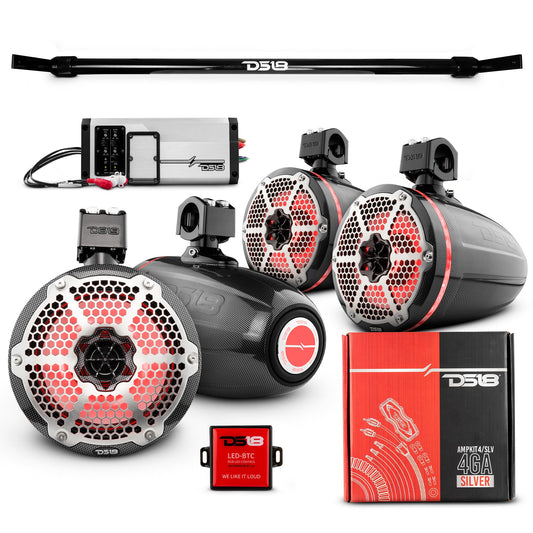JT-TUBE 4x 8" Marine Towers Speakers with RGB LED Lights, 4-Channel Marine Amplifier and AMPKIT for Jeep JT Gladiator.