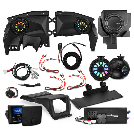 Can-Am Maverick X3 Stage 4 - Dash Speaker Panels, 8" Tower Speakers, 12” Subwoofer, Amplifier, Bluetooth Radio & LED Lights.