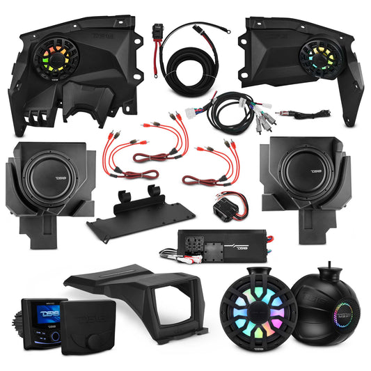 Can-Am Maverick X3 Stage 5 - Dash Speaker Panels, 8" Tower Speakers, Dual 12” Subwoofer, Amplifier, Bluetooth Radio & LED Lights.