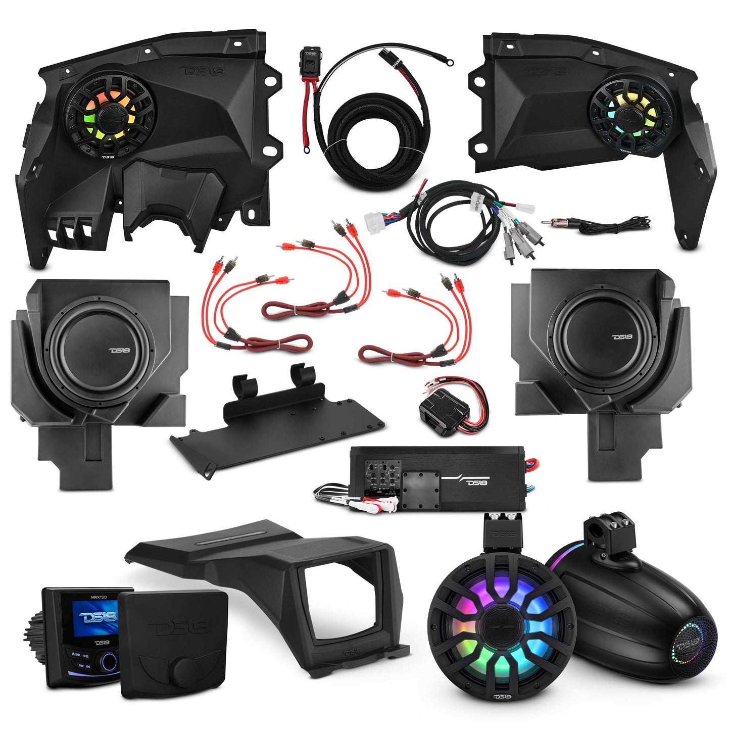 Can-Am Maverick X3 Stage 6 - Dash Speaker Panels, 8" Neodymium Tower Speakers, Dual 12” Subwoofer, Amplifier, Bluetooth Radio & LED Lights.