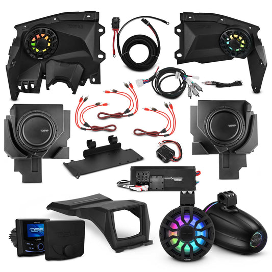 Can-Am Maverick X3 Stage 6 - Dash Speaker Panels, 8" Neodymium Tower Speakers, Dual 12” Subwoofer, Amplifier, Bluetooth Radio & LED Lights.