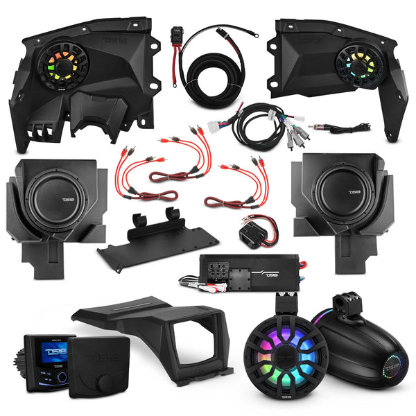 Can-Am Maverick X3 Stage 6 - Dash Speaker Panels, 8" Neodymium Tower Speakers, Dual 12” Subwoofer, Amplifier, Bluetooth Radio & LED Lights.