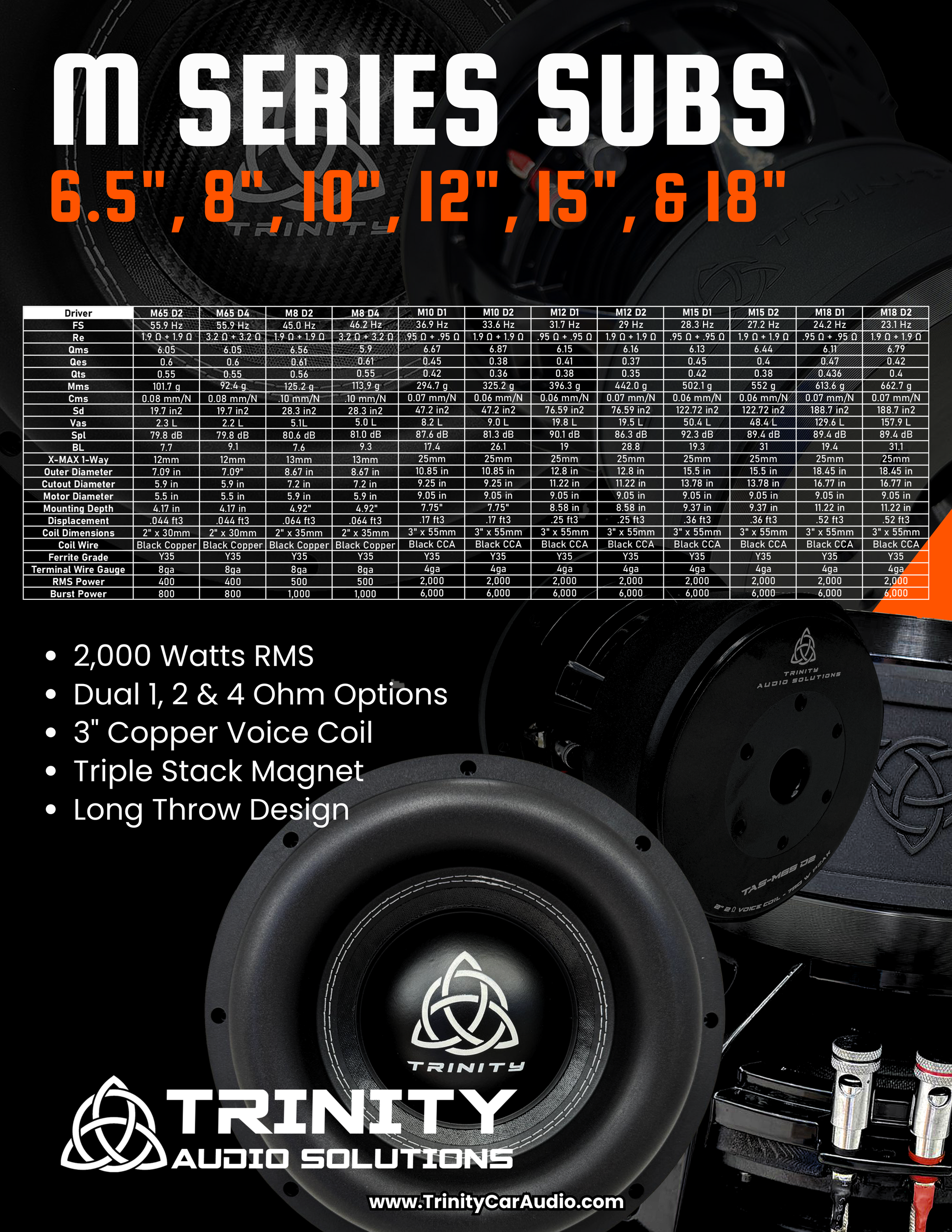 Trinity M Series 10" Subwoofer 2,000 Watts RMS.