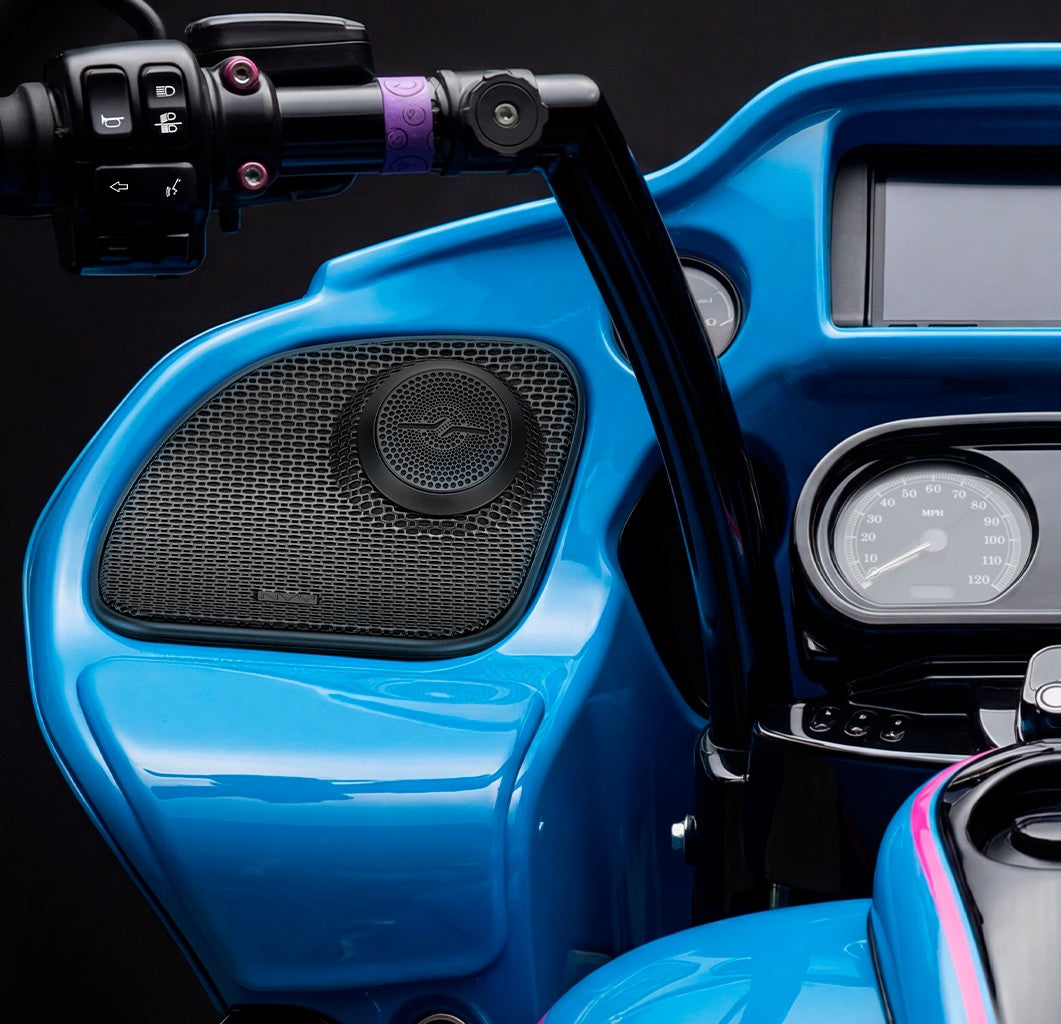 Harley-Davidson Road Glide 2014–2023 Front Stage Audio Upgrade Kit | 6.5" Slim Midrange Speakers + Bullet Tweeter NVY Grilles.
