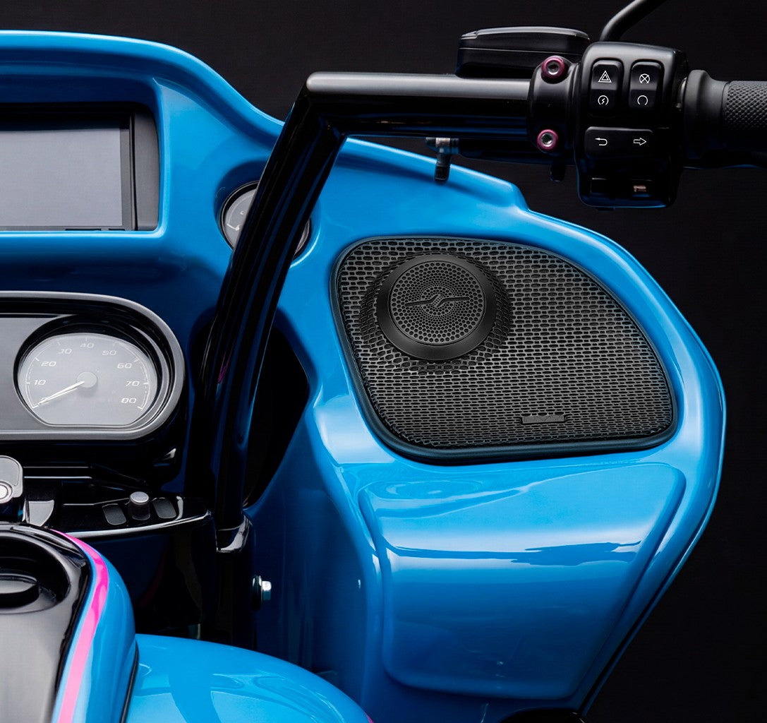 Harley-Davidson Road Glide 2014–2023 Front Stage Audio Upgrade Kit | 6.5" Slim Midrange Speakers + Bullet Tweeter NVY Grilles.