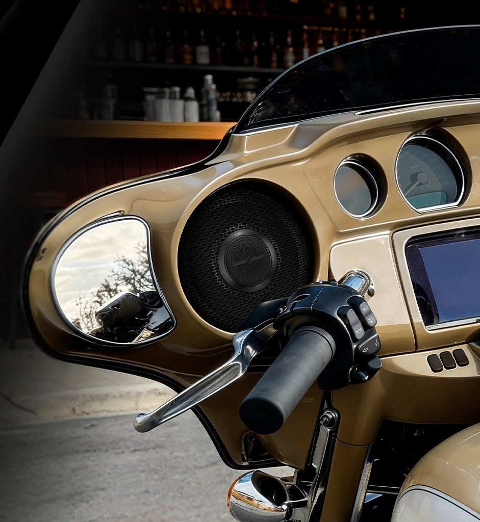 Harley-Davidson Street Glide 2014–2023 Front Stage Audio Upgrade Kit | 6.5" Slim Midrange Speakers + Bullet Tweeter NVY Grilles.