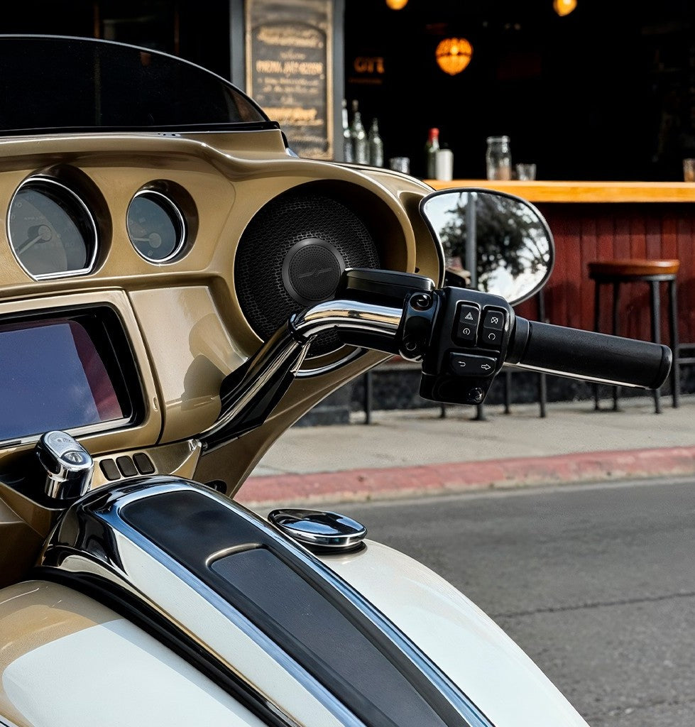 Harley-Davidson Street Glide 2014–2023 Front Stage Audio Upgrade Kit | 6.5" Slim Midrange Speakers + Bullet Tweeter NVY Grilles.