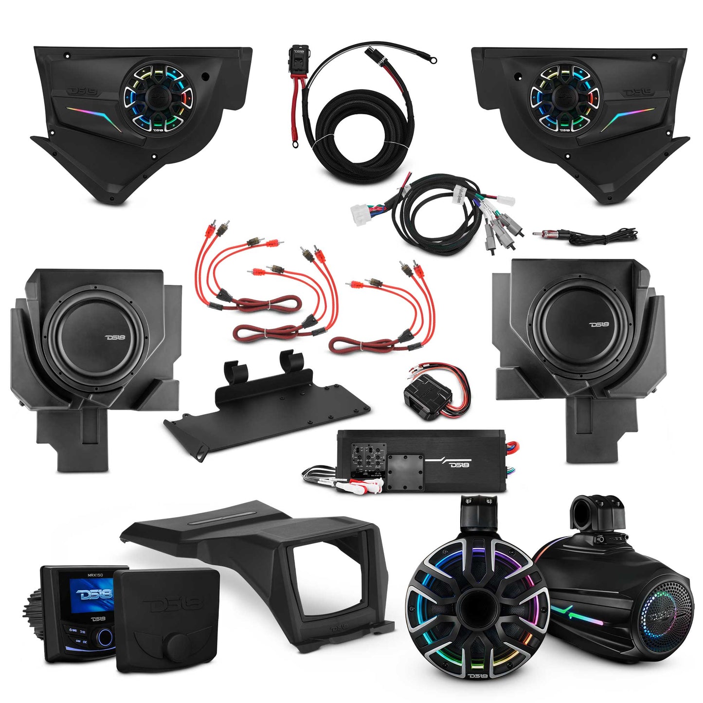 Can-Am Maverick X3 NVY Stage - Door Speaker Panels, 8" Neodymium Tower Speakers, Dual 12” Subwoofer, Amplifier, Bluetooth Radio & LED Lights.