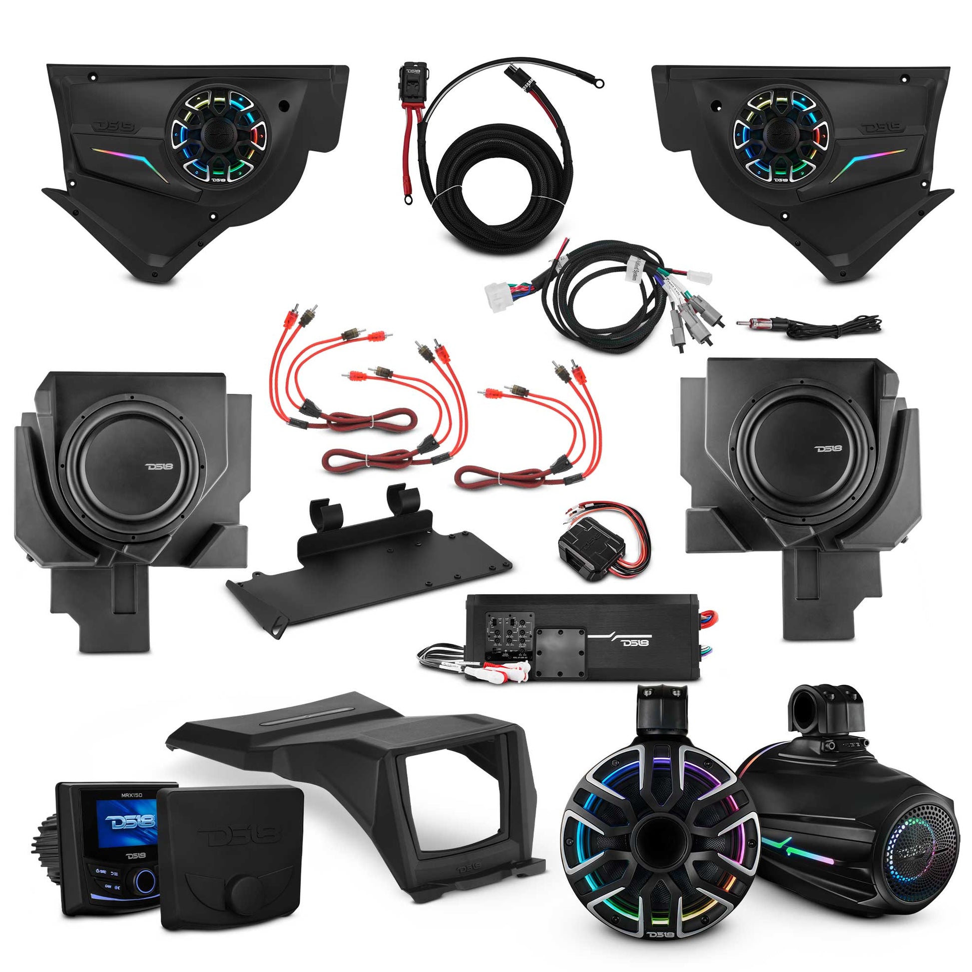 Can-Am Maverick X3 NVY Stage - Door Speaker Panels, 8" Neodymium Tower Speakers, Dual 12” Subwoofer, Amplifier, Bluetooth Radio & LED Lights.