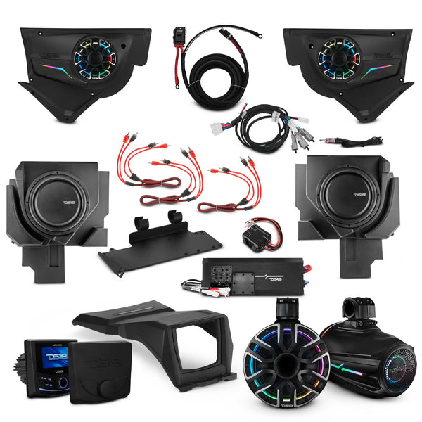 Can-Am Maverick X3 NVY Stage - Door Speaker Panels, 8" Neodymium Tower Speakers, Dual 12” Subwoofer, Amplifier, Bluetooth Radio & LED Lights.