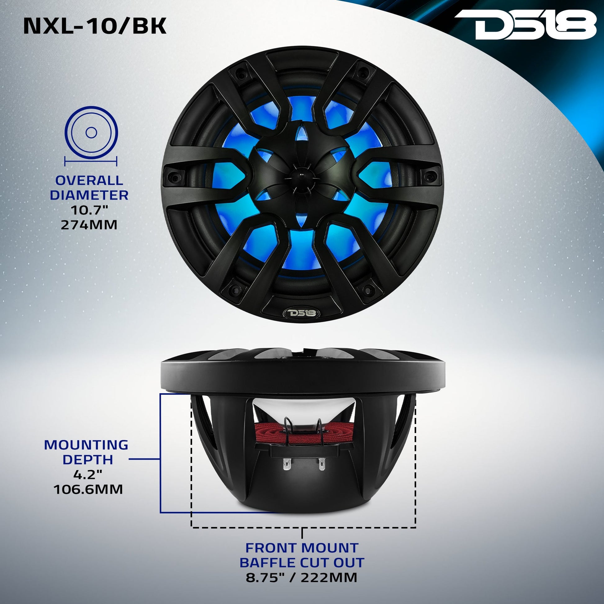NXL 10" 2-Way Coaxial Marine Speaker with LED RGB Lights | 200W RMS 4-Ohm.