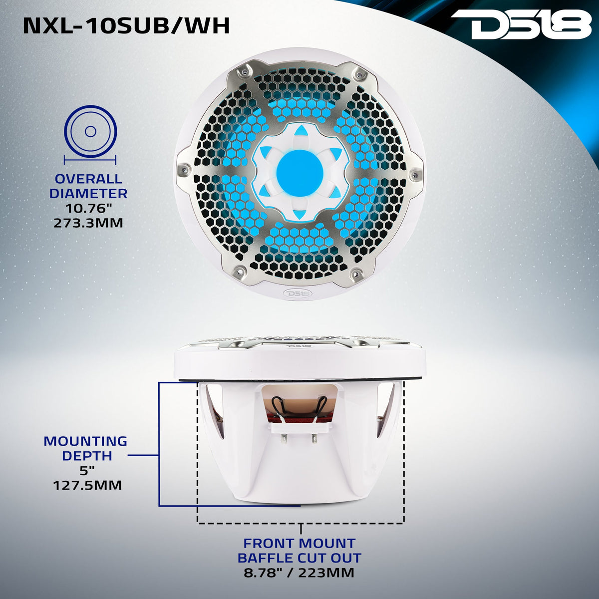 NXL 10" Marine Subwoofer with LED RGB Lights 300 Watts Rms SVC 4-Ohm.