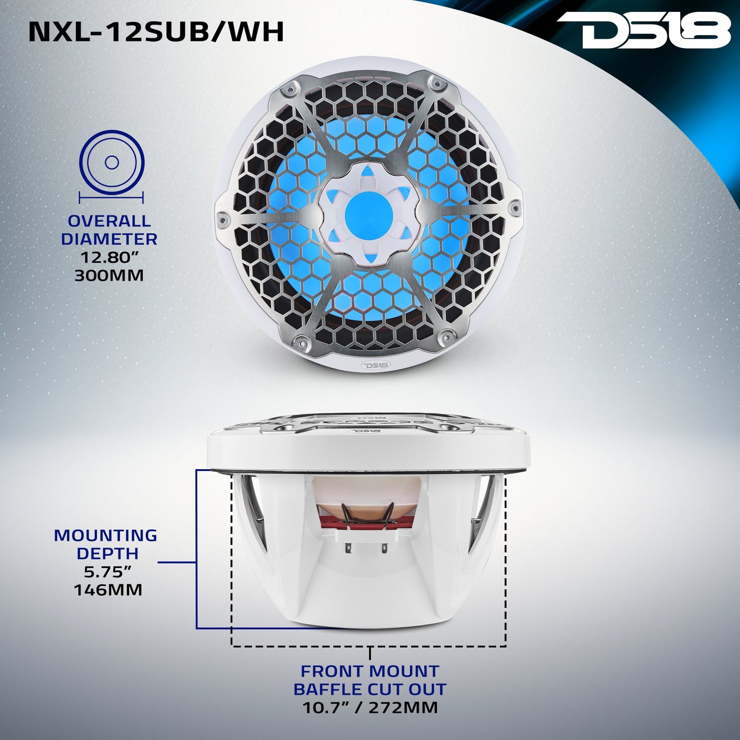 NXL 12" Marine Subwoofer with LED RGB Lights 350 Watts Rms SVC 4-Ohm.