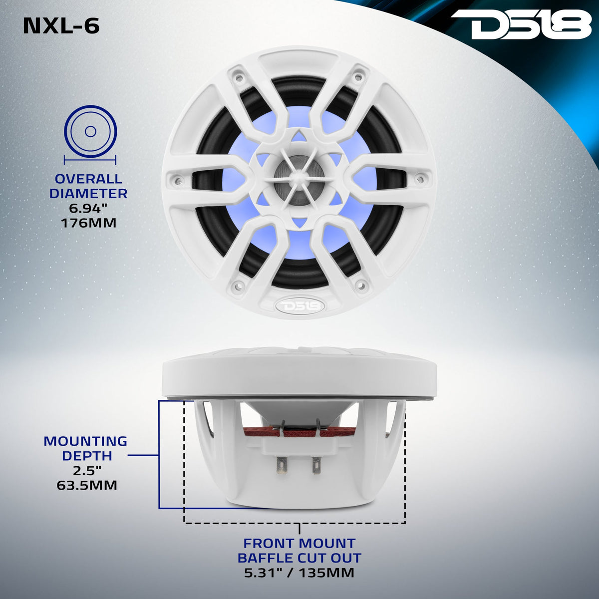 NXL 6.5" 2-Way Coaxial Marine Speaker with LED RGB Lights | 100W RMS 4-Ohm.