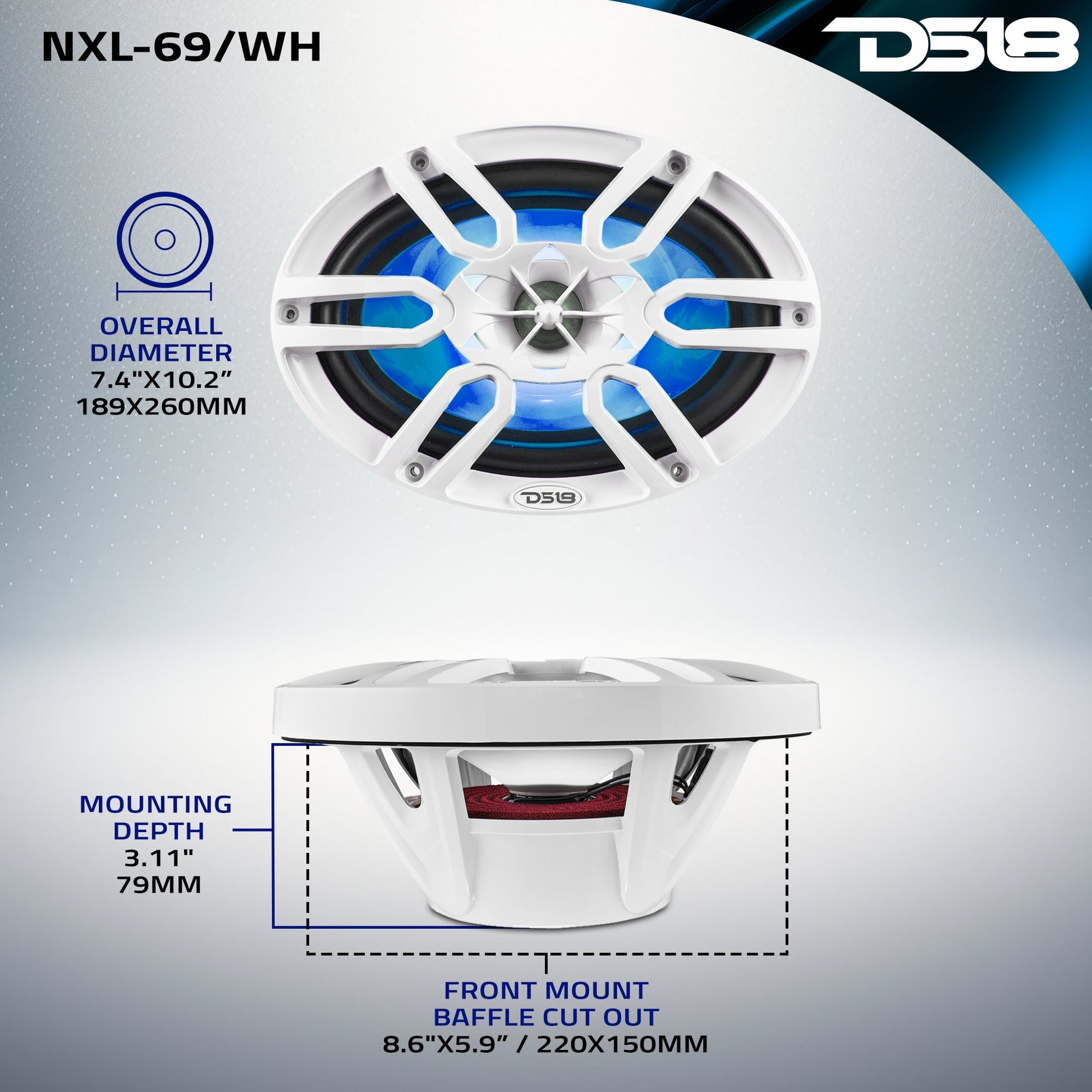 NXL 6x9" 2-Way Coaxial Marine Speaker with LED RGB Lights | 125W RMS 4-Ohm.