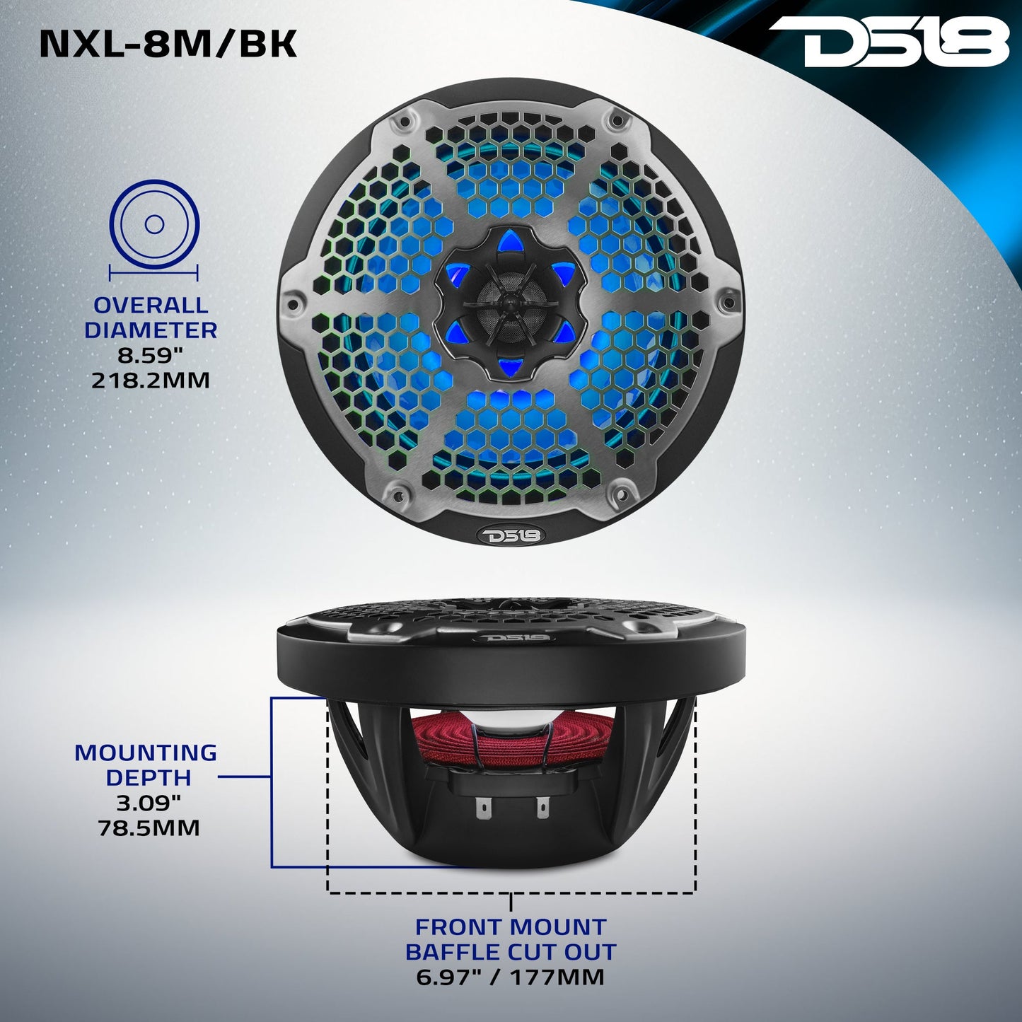 NXL 8" 2-Way Coaxial Marine Speaker With LED RGB Lights 125 Watts Rms 4-Ohm.