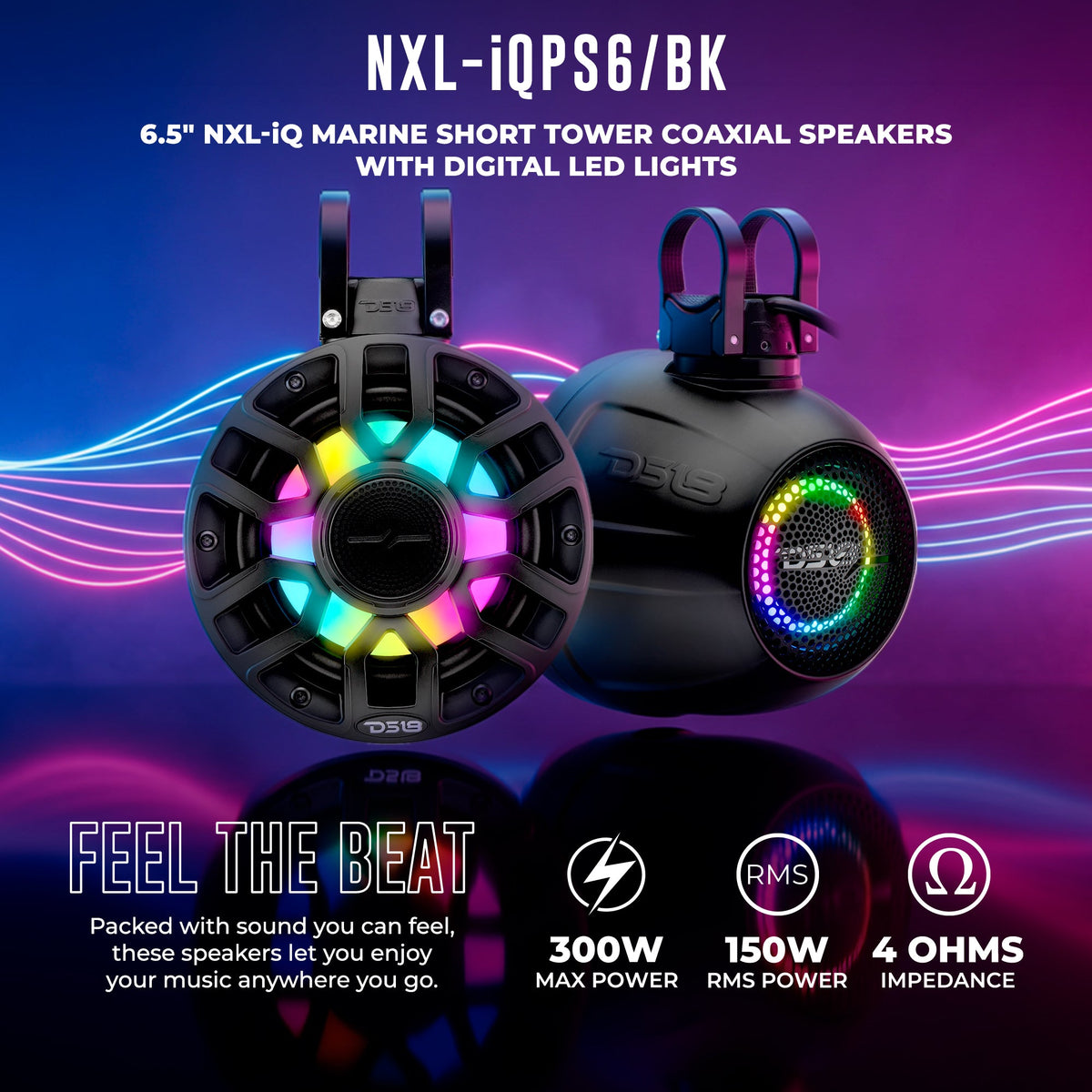 6.5" NXL-iQ Marine Short Tower Coaxial Speakers with Digital LED Lights, 150W RMS, 300W Max, 4-Ohm
