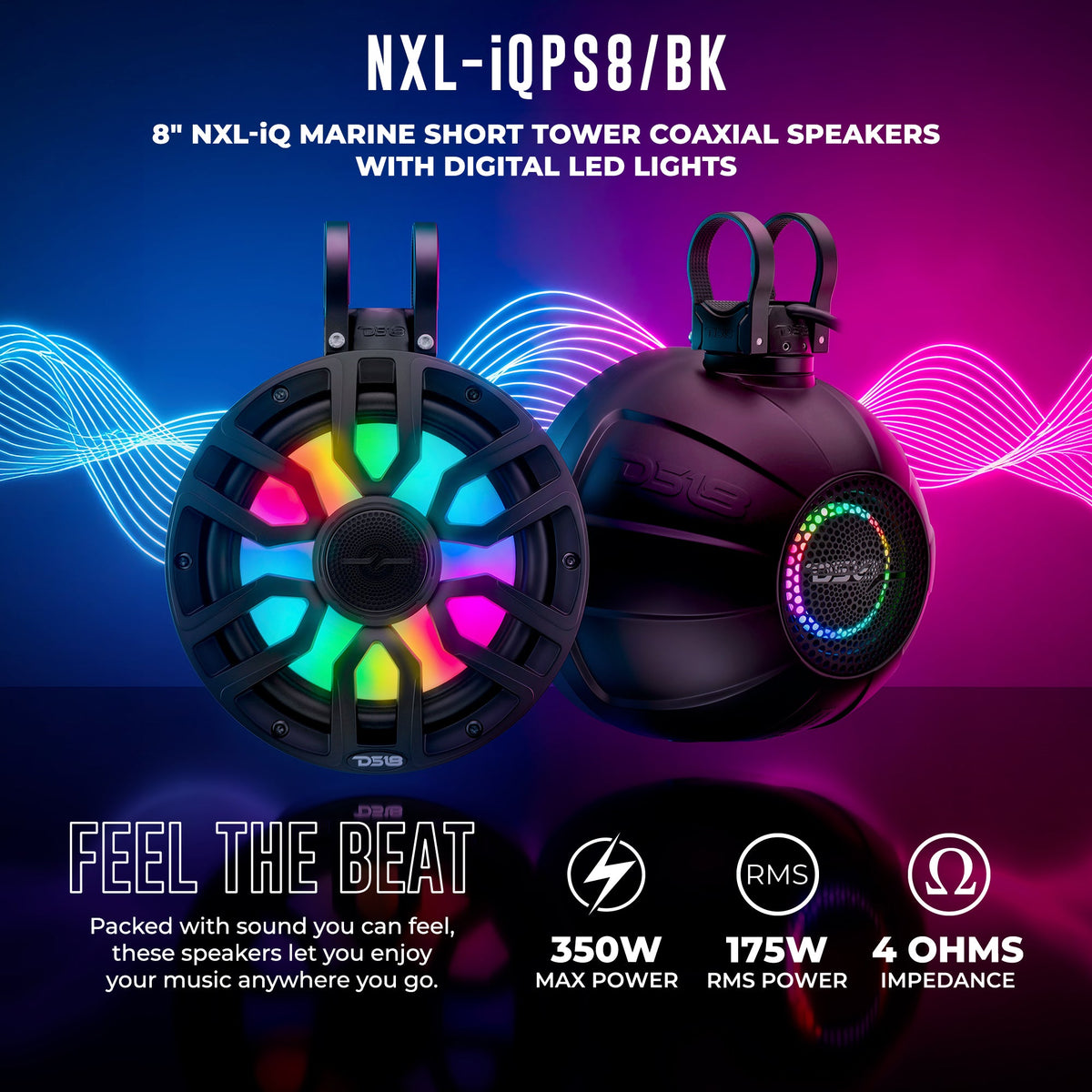 8" NXL-iQ Marine Short Tower Coaxial Speakers with Digital LED Lights, 175W RMS, 350W Max, 4-Ohm