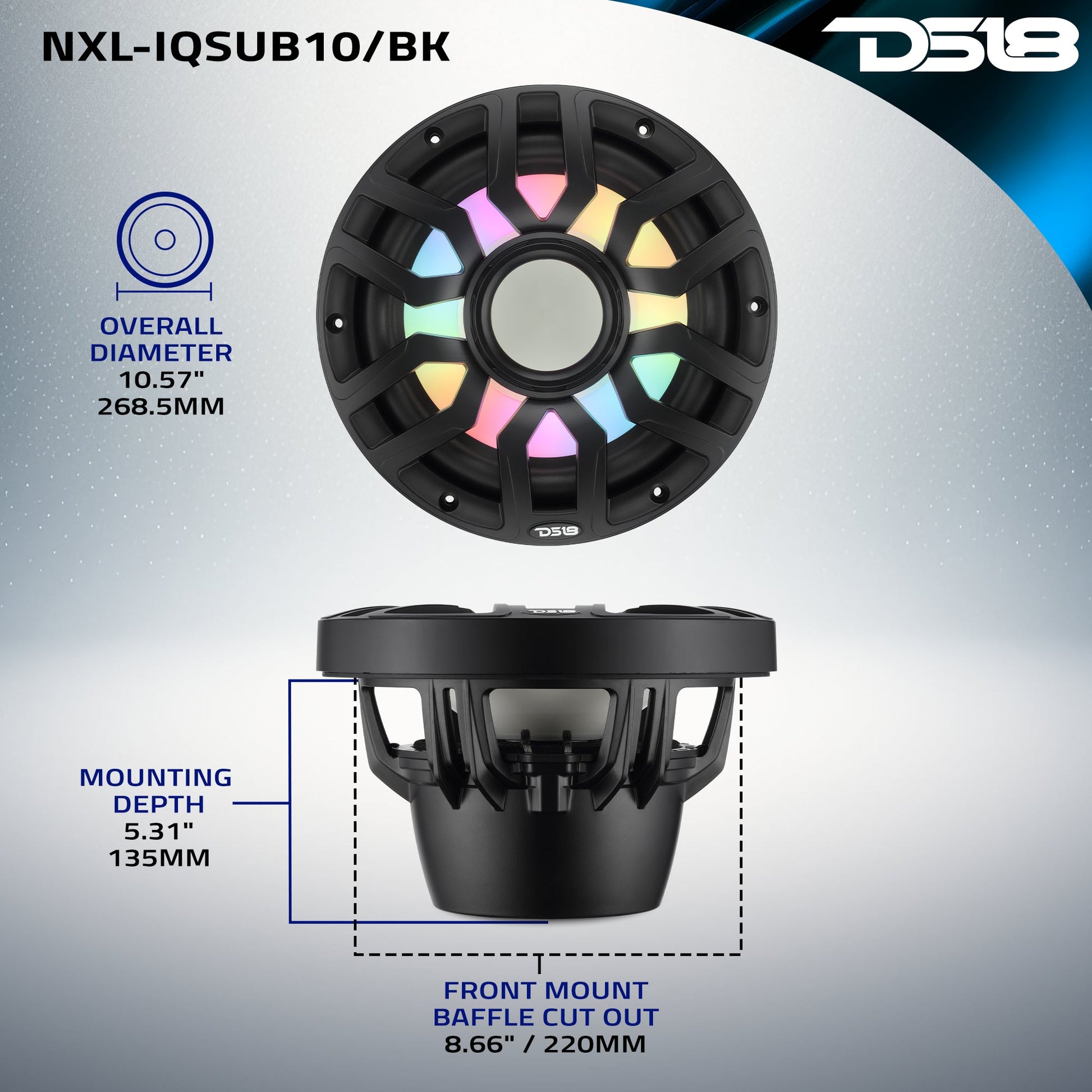 10” Marine Subwoofer with Hybrid Magnet Motor, Removable Grille and Digital LED Lights - 500W RMS 4-Ohm.