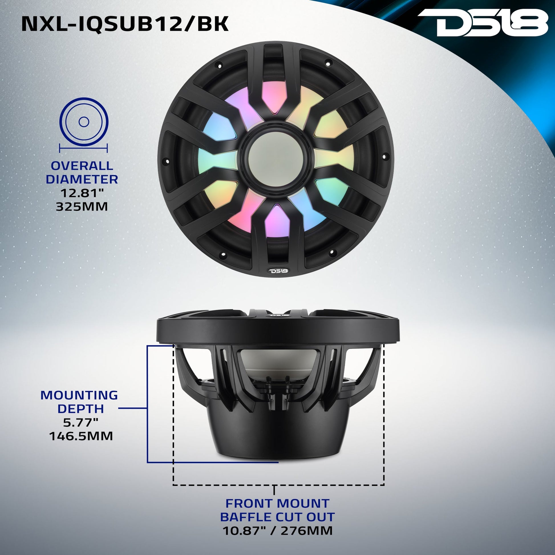 12” Marine Subwoofer with Hybrid Magnet Motor, Removable Grille and Digital LED Lights - 600W RMS 4-Ohm.
