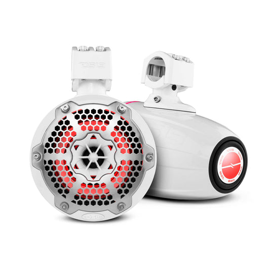 NXL 6.5" Neodymium Marine and Powersports Towers with Built-in Passive Radiator, 1" Driver and LED RGB Lights 150 Watts Rms -White.