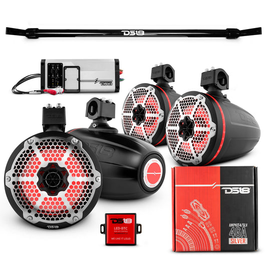 JT-TUBE 4x 8" Marine Towers Speakers with RGB LED Lights, 4-Channel Marine Amplifier and AMPKIT for Jeep JT Gladiator.