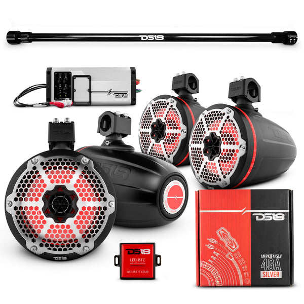 PU-TUBE 4x 8" Marine Towers Speakers with RGB LED Lights, 4-Channel Marine Amplifier and AMPKIT for Pick Up & Trucks.
