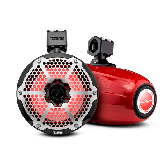 NXL 8" Neodymium Marine and Powersports Towers with Built-in Passive Radiator, 1" Driver and LED RGB Lights 180 Watts Rms -Red.