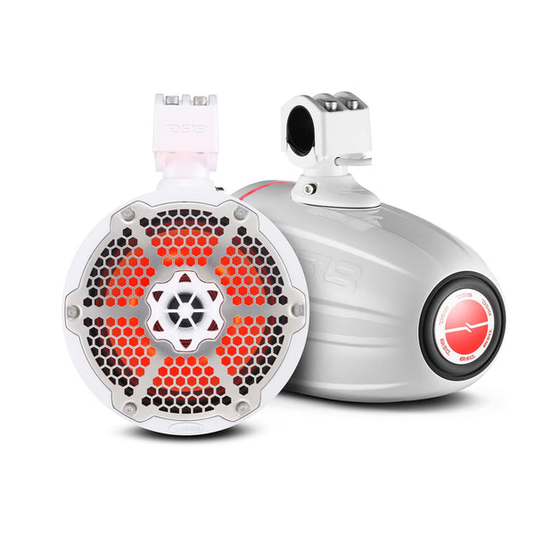 NXL 8" Neodymium Marine and Powersports Towers with Built-in Passive Radiator, 1" Driver and LED RGB Lights 180 Watts Rms -White.