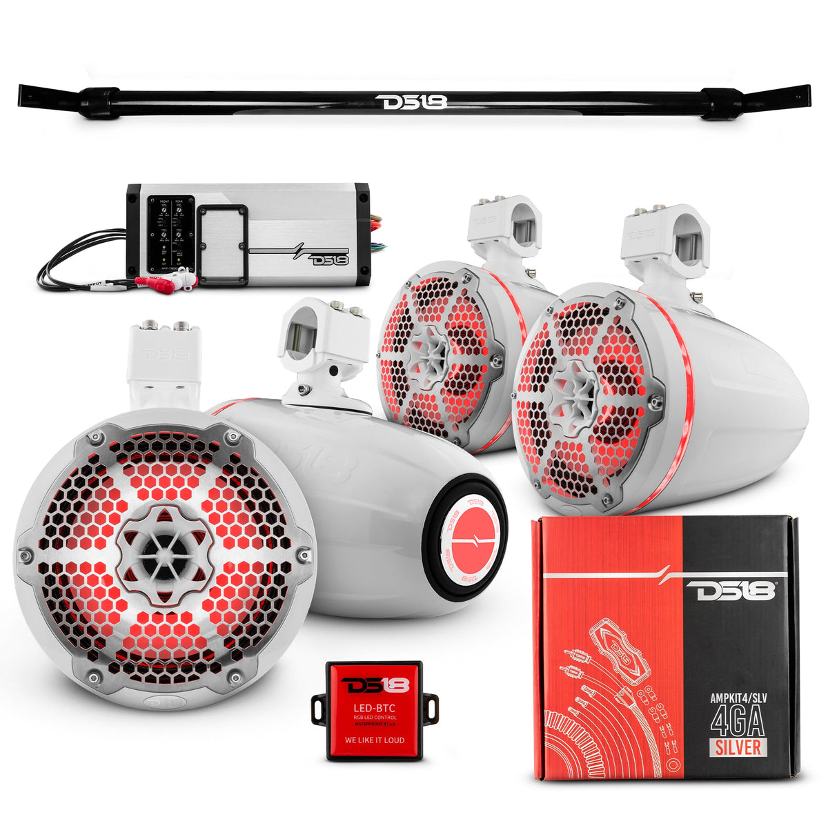 JT-TUBE 4x 8" Marine Towers Speakers with RGB LED Lights, 4-Channel Marine Amplifier and AMPKIT for Jeep JT Gladiator.