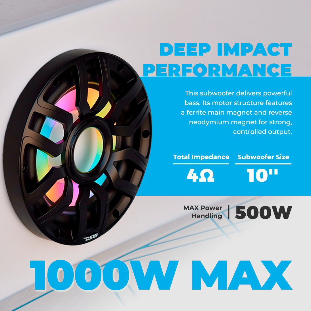 10” Marine Subwoofer with Hybrid Magnet Motor, Removable Grille and Digital LED Lights - 500W RMS 4-Ohm