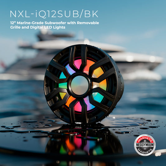 12” Marine Subwoofer with Hybrid Magnet Motor, Removable Grille and Digital LED Lights - 600W RMS 4-Ohm