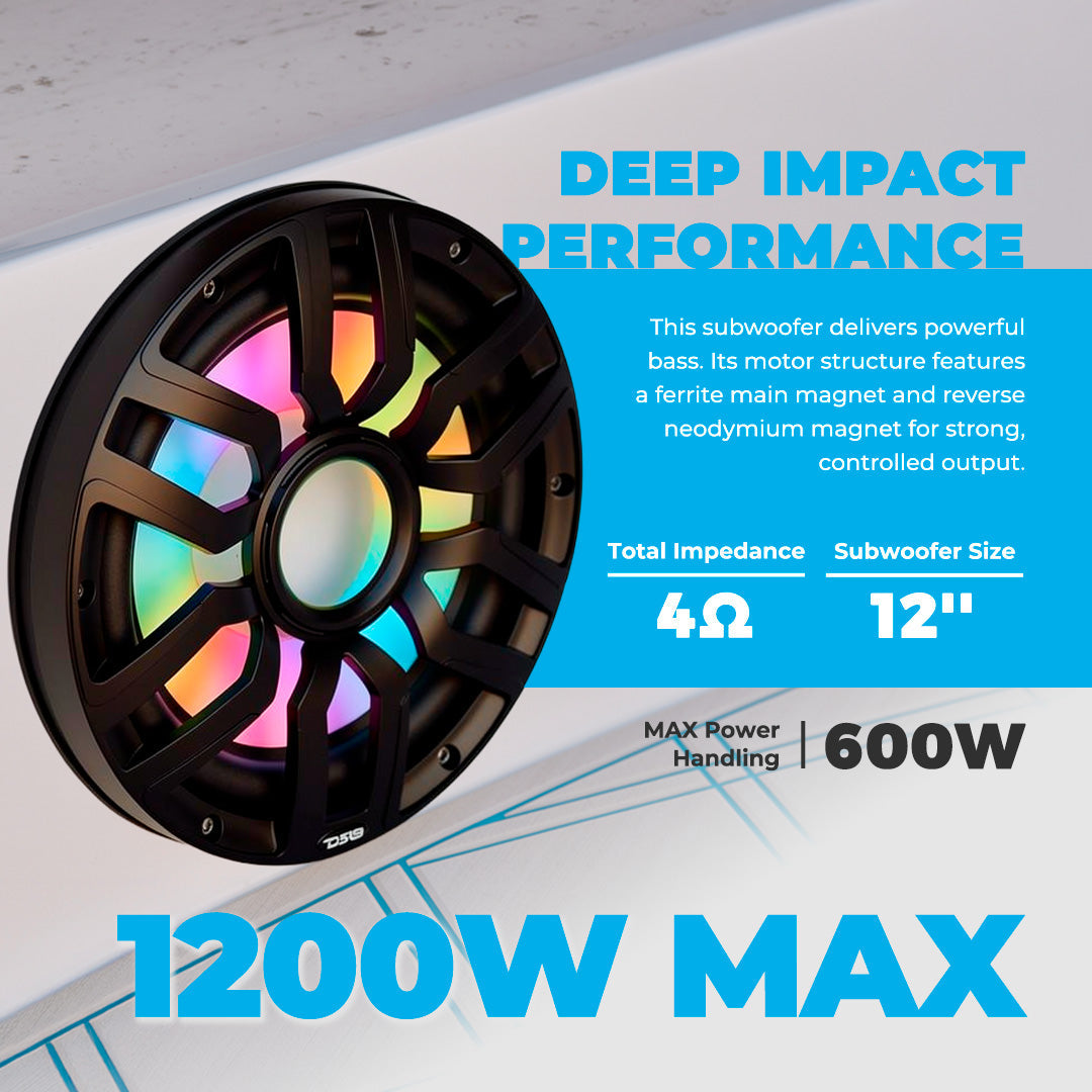 12” Marine Subwoofer with Hybrid Magnet Motor, Removable Grille and Digital LED Lights - 600W RMS 4-Ohm